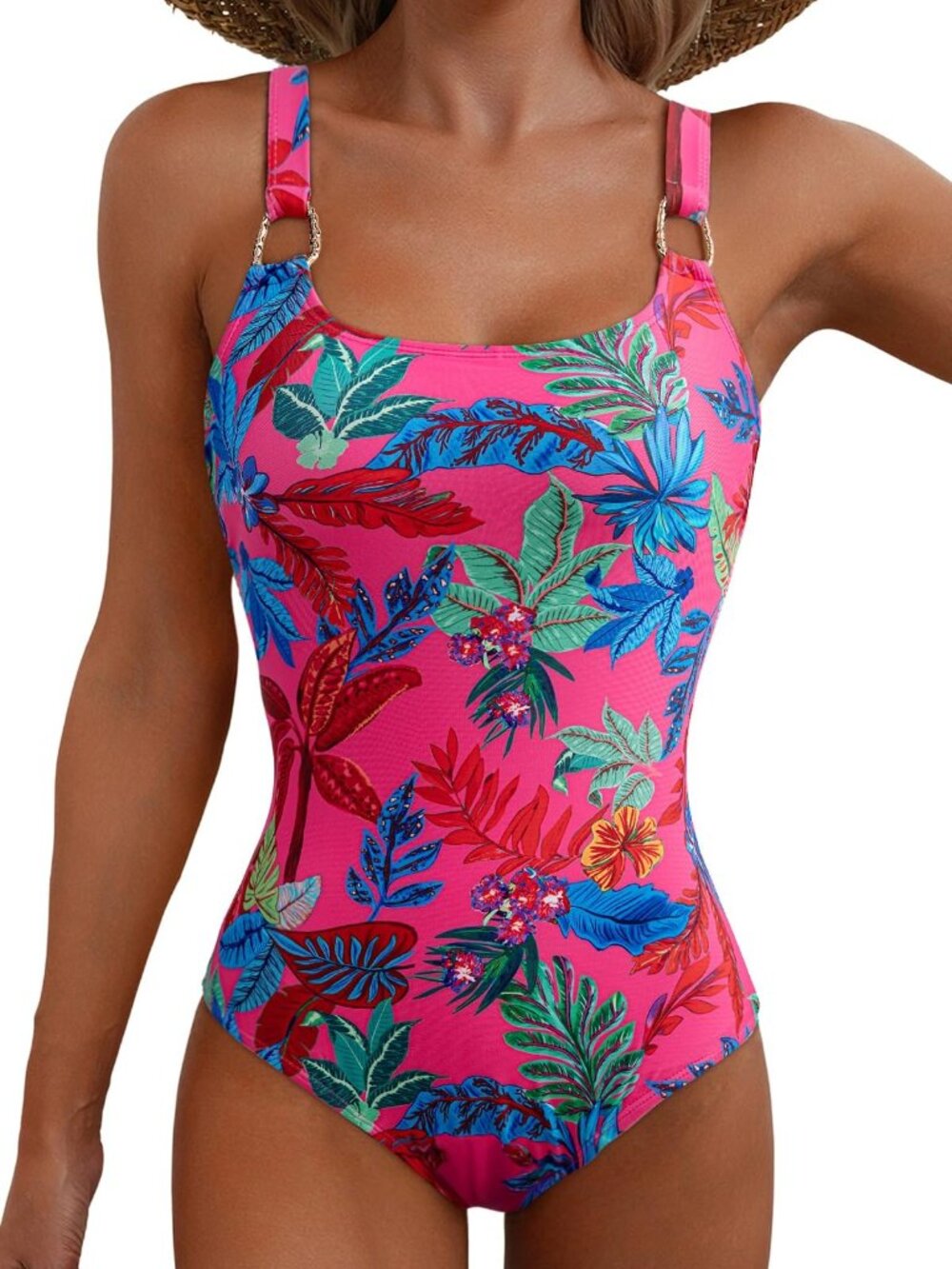 Herseas Women's Metal Ring Wide Straps U Neck One Piece Swimsuit Floral Print S